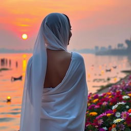 A woman with her back turned, wearing a beautiful white sari that drapes elegantly over her bare shoulders and covers her head