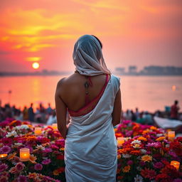 A woman with her back turned, wearing a beautiful white sari that drapes elegantly over her bare shoulders and covers her head