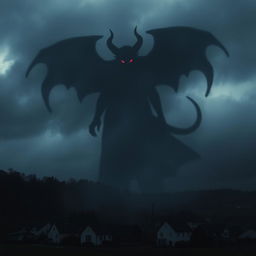 A dark and eerie image of a faintly visible devil hovering menacingly over a village as a shadow