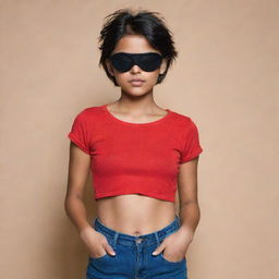 The Indian girl with short hair, now adorning a black eyepatch, dressed in her vibrant red top and jeans.