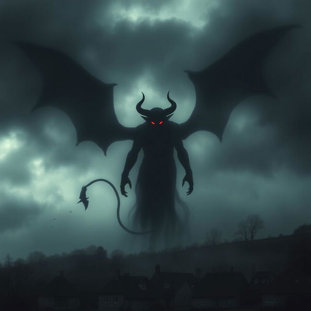 A dark and eerie image of a faintly visible devil hovering menacingly over a village as a shadow