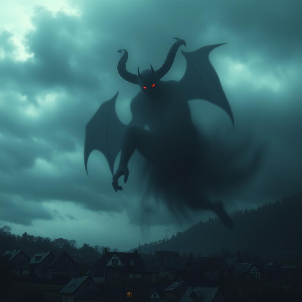 A dark and eerie image of a faintly visible devil hovering menacingly over a village as a shadow