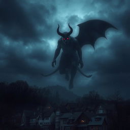 A dark and eerie image of a faintly visible devil hovering menacingly over a village as a shadow