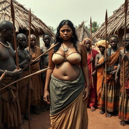 In an African village scene, a dusky-skinned Indian lady, 25 years old, stands prominently