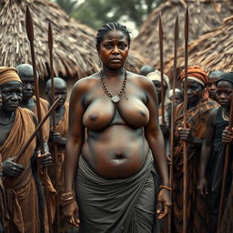 In an African village scene, a dusky-skinned Indian lady, 25 years old, stands prominently