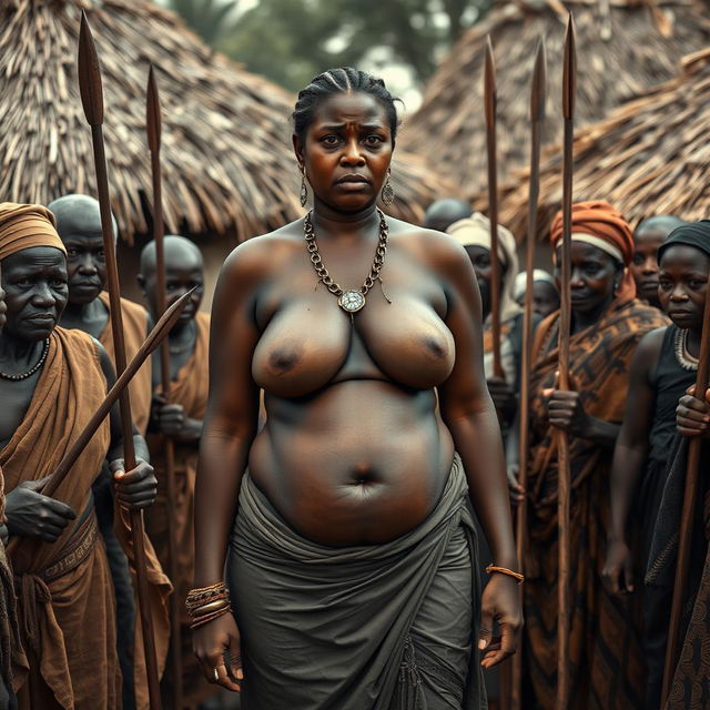 In an African village scene, a dusky-skinned Indian lady, 25 years old, stands prominently