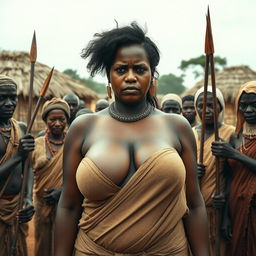 In an African village scene, a dusky-skinned Indian lady, 25 years old, stands prominently