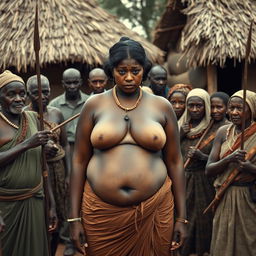 In an African village scene, a dusky-skinned Indian lady, 25 years old, stands prominently