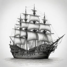 A pirate ship, intricately outlined in black and white, without any shading.