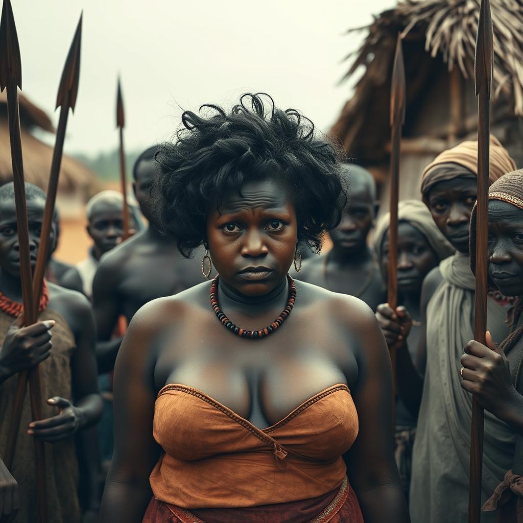 In a subdued African village scene, a dusky-skinned Indian lady, 25 years old, stands out with her very tall and curvy figure highlighted by her very large breasts