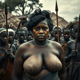 In a subdued African village scene, a dusky-skinned Indian lady, 25 years old, stands out with her very tall and curvy figure highlighted by her very large breasts