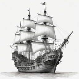 A pirate ship, intricately outlined in black and white, without any shading.