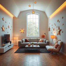 A modern and creative star-themed living room featuring a single window that allows natural light to flood the space