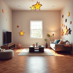 A modern and creative star-themed living room featuring a single window that allows natural light to flood the space