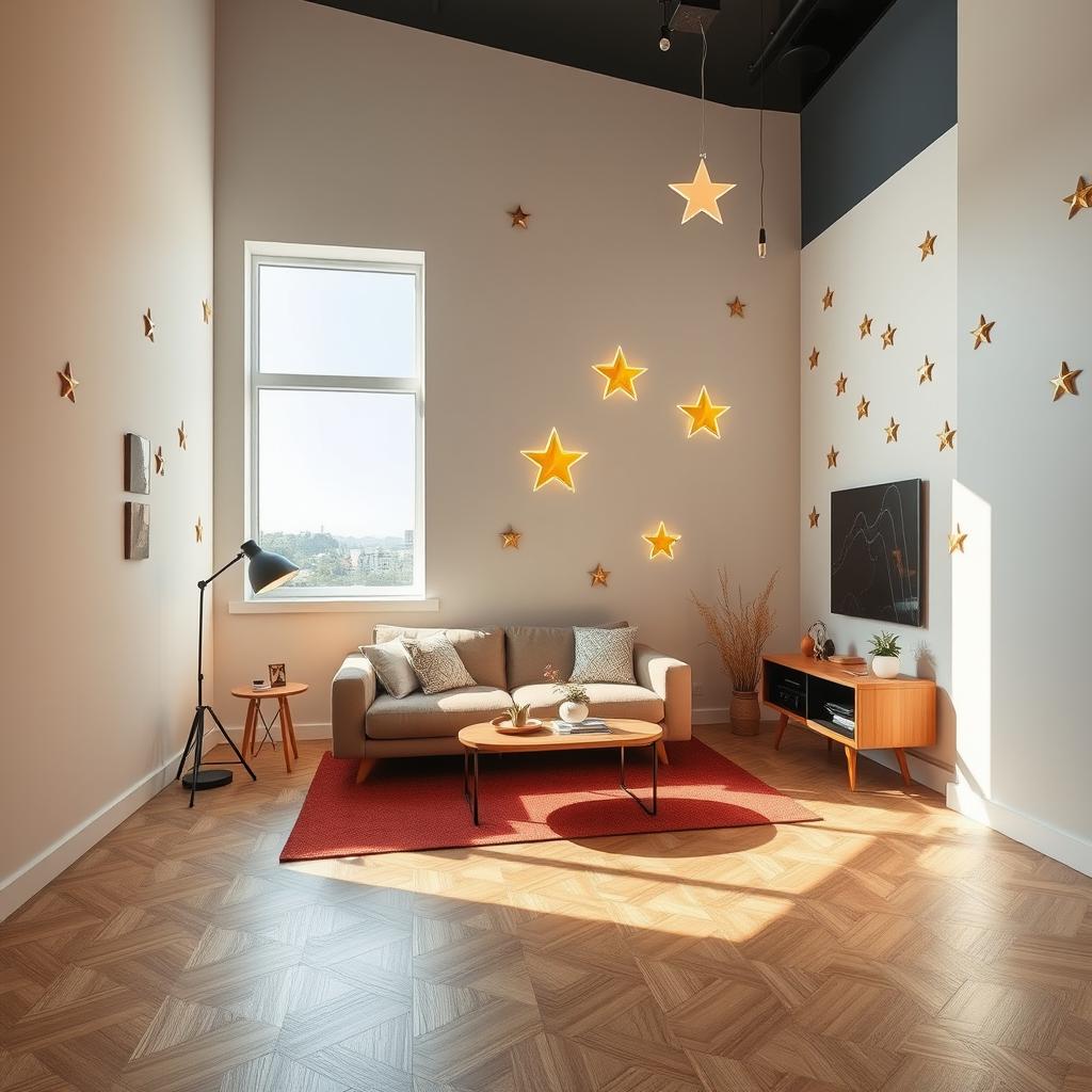 A modern and creative star-themed living room featuring a single window that allows natural light to flood the space