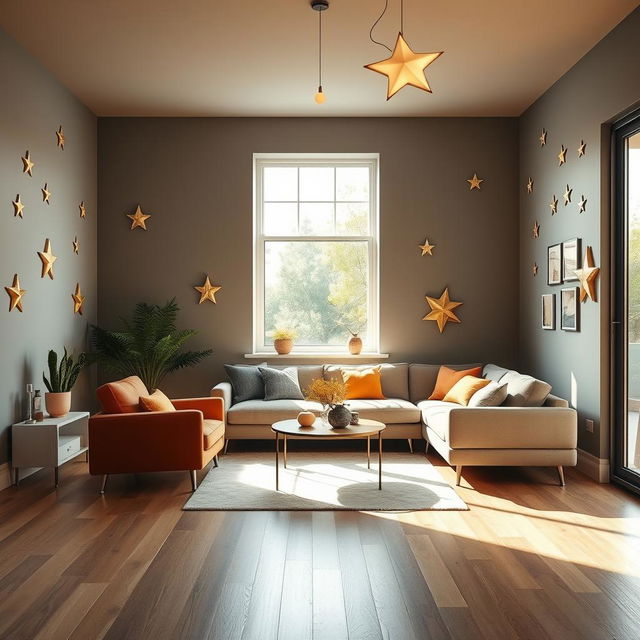 A modern and creative star-themed living room featuring a single window that allows natural light to flood the space