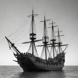 A pirate ship, intricately outlined in black and white, without any shading.