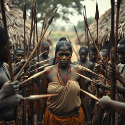 In an African village, a very tall, 25-year-old Indian lady with very large breasts stands in the center, her expression revealing extreme fear and a sullen demeanor