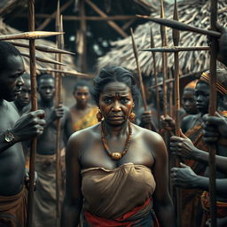 In an African village, a very tall, 25-year-old Indian lady with very large breasts stands in the center, her expression revealing extreme fear and a sullen demeanor