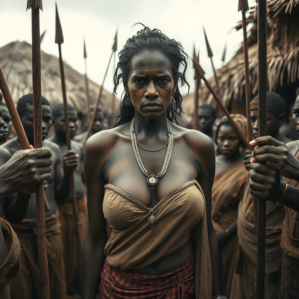 In an African village, a very tall, 25-year-old Indian lady with very large breasts stands in the center, her expression revealing extreme fear and a sullen demeanor