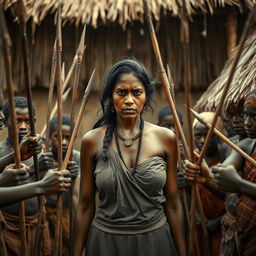 In an African village, a very tall, 25-year-old Indian lady with very large breasts stands in the center, her expression revealing extreme fear and a sullen demeanor