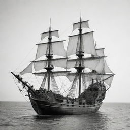 A pirate ship, intricately outlined in black and white, without any shading.