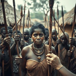 In an African village, a very tall, 25-year-old Indian lady with very large breasts stands at the center, her expression filled with extreme fear and a sullen demeanor