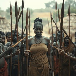 In an African village, a very tall, 25-year-old Indian lady with very large breasts stands at the center, her expression filled with extreme fear and a sullen demeanor