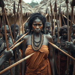 In an African village, a very tall, 25-year-old Indian lady with very large breasts stands at the center, her expression filled with extreme fear and a sullen demeanor