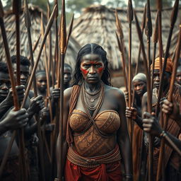 In an African village, a very tall, 25-year-old Indian lady with very large breasts stands at the center, her expression filled with extreme fear and a sullen demeanor