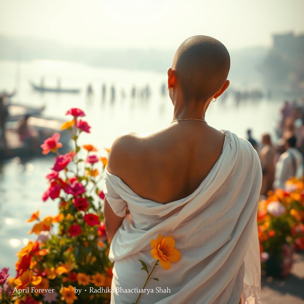 A beautiful scene at Varanasi ghat depicting a woman’s back with a tonsured head, elegantly draped in a flowing white sari with bare shoulders