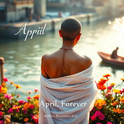 A beautiful scene at Varanasi ghat depicting a woman’s back with a tonsured head, elegantly draped in a flowing white sari with bare shoulders