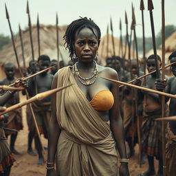 In an African village setting, a very tall, 25-year-old Indian lady with very large breasts stands at the center, her expression filled with intense fear