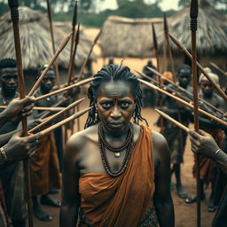 In an African village setting, a very tall, 25-year-old Indian lady with very large breasts stands at the center, her expression filled with intense fear