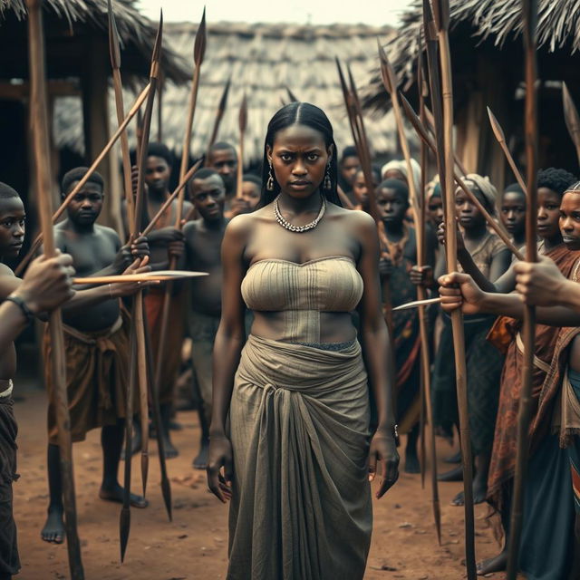 In an African village setting, a very tall, 25-year-old Indian lady with very large breasts stands at the center, her expression filled with intense fear