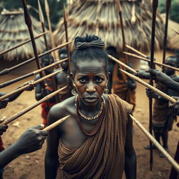 In an African village setting, a very tall, 25-year-old Indian lady with very large breasts stands at the center, her expression filled with intense fear