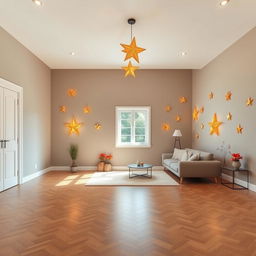 A spacious and modern star-themed living room featuring a single window that allows natural light to flood the room