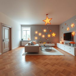 A spacious and modern star-themed living room featuring a single window that allows natural light to flood the room