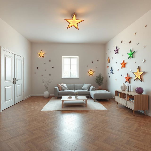 A spacious and modern star-themed living room featuring a single window that allows natural light to flood the room