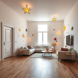 A spacious and modern star-themed living room featuring a single window that allows natural light to flood the room