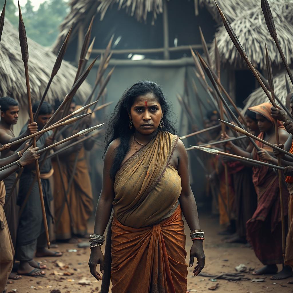 In a village setting, a very tall, 25-year-old Indian lady with very large breasts stands at the center, her expression showing a deep sense of fear