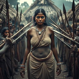 In a village setting, a very tall, 25-year-old Indian lady with very large breasts stands at the center, her expression showing a deep sense of fear