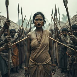 In a village setting, a very tall, 25-year-old Indian lady with very large breasts stands at the center, her expression showing a deep sense of fear