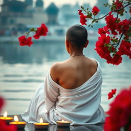 A peaceful scene at the banks of the Varanasi ghat, capturing a woman sitting with her back to the viewer