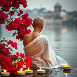 A peaceful scene at the banks of the Varanasi ghat, capturing a woman sitting with her back to the viewer