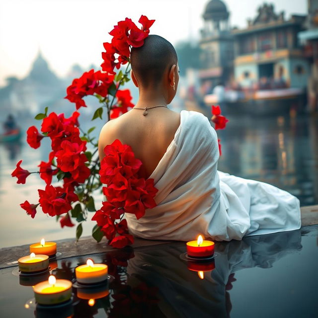 A peaceful scene at the banks of the Varanasi ghat, capturing a woman sitting with her back to the viewer