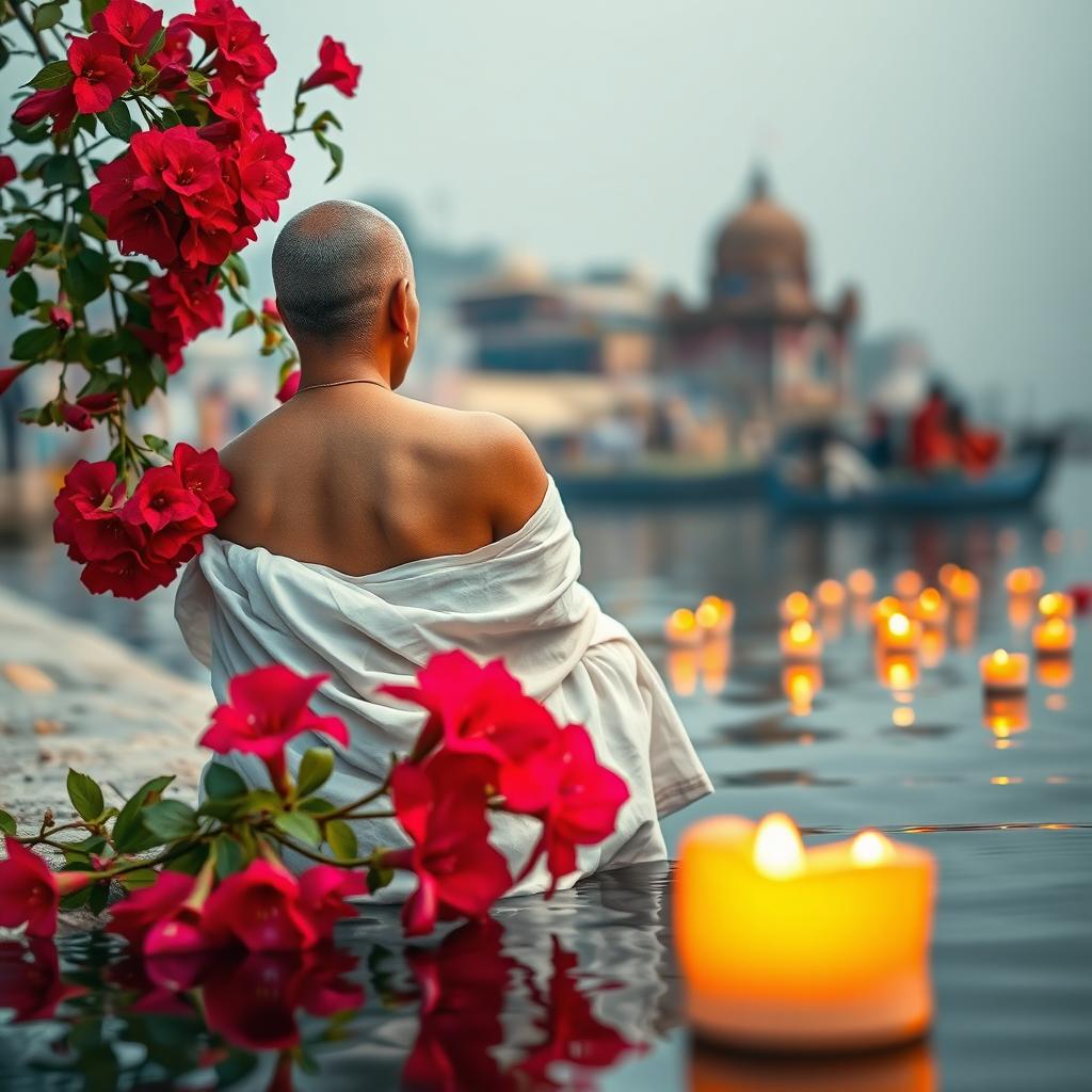 A peaceful scene at the banks of the Varanasi ghat, capturing a woman sitting with her back to the viewer