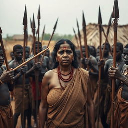 In a village scene, a very tall, 25-year-old Indian lady with very large breasts stands at the center, her face showing extreme fear