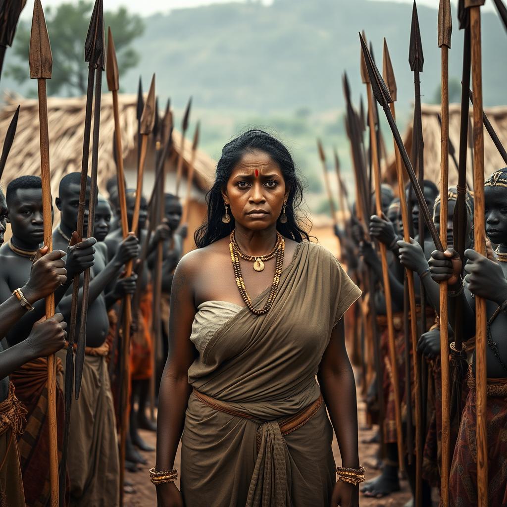 In a village scene, a very tall, 25-year-old Indian lady with very large breasts stands at the center, her face showing extreme fear