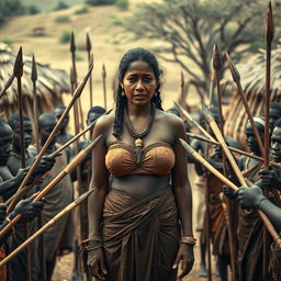 In a village scene, a very tall, 25-year-old Indian lady with very large breasts stands at the center, her face showing extreme fear